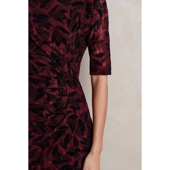 Maeve‎ Anthropologie Elorn Dress Black Flocked Lace Faux Wrap Wine Red, Sz 4 - Picture 3 of 7